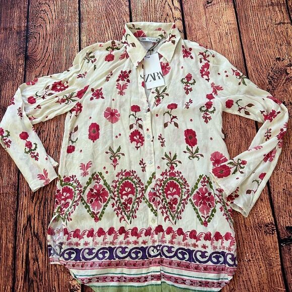 ZARA Women Floral Print Button Down Long Sleeve Shirt Cream Pink Green Size S - Picture 6 of 11
